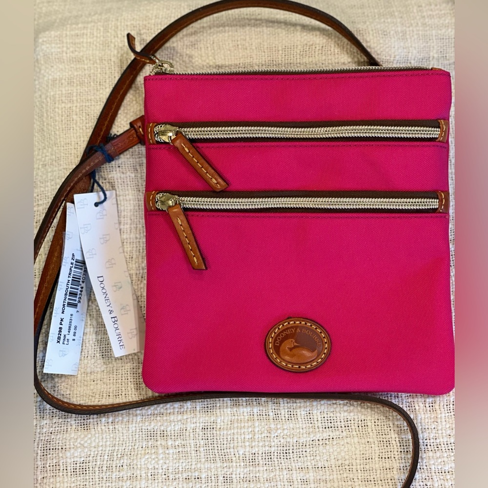 Authentic Dooney and Bourke Triple Zip New With Tags Shoulder Purse in Magenta